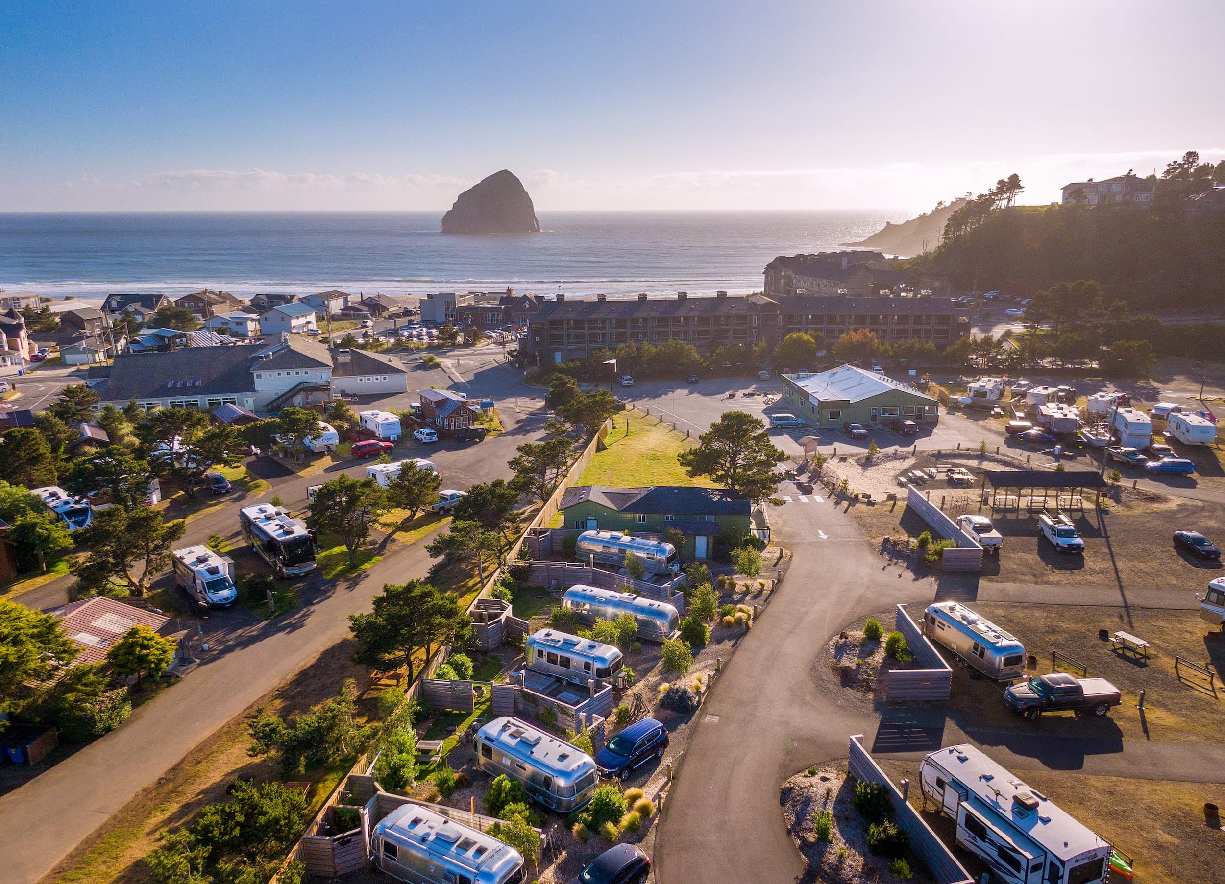 Headlands, Hart's Camp and Inn at Cape Kiwanda aerial view with Haystack rock in the background